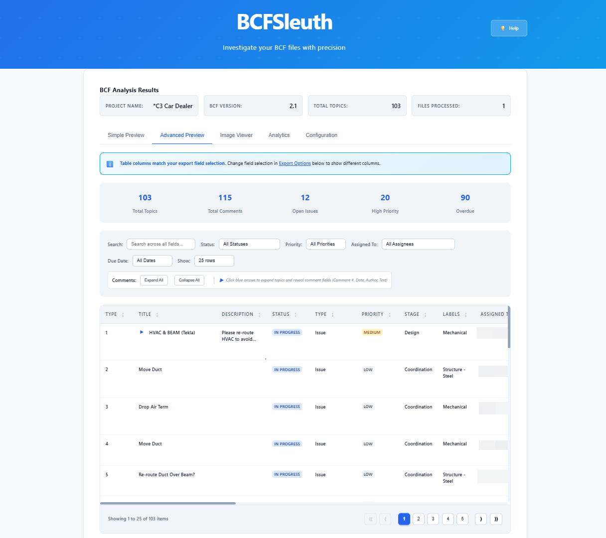 BCF Advanced Preview - Data table with topics, comments, and filtering
